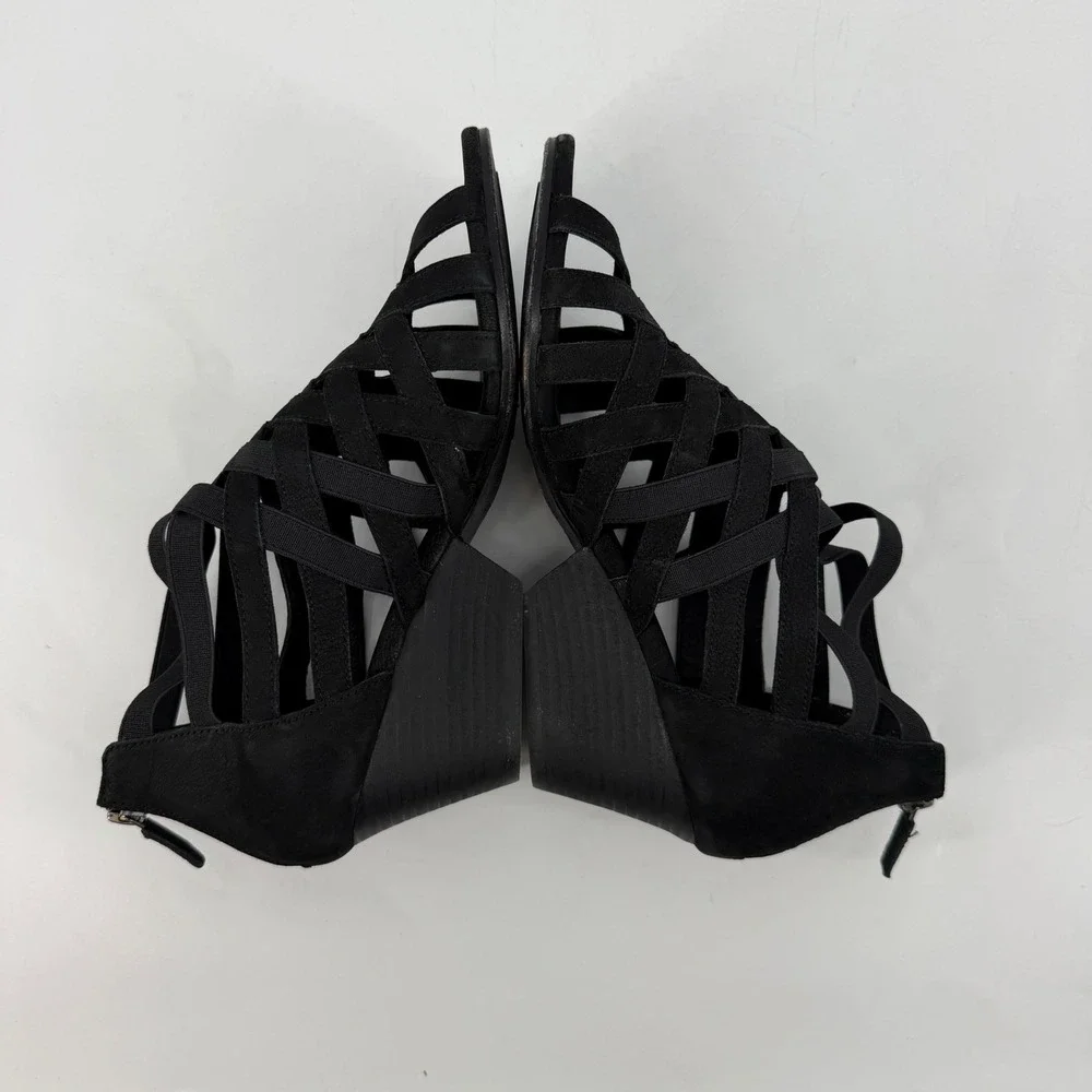 Eileen Fisher Black Leather Strappy Cage Wedge Sandals Womens 8 Zip Back